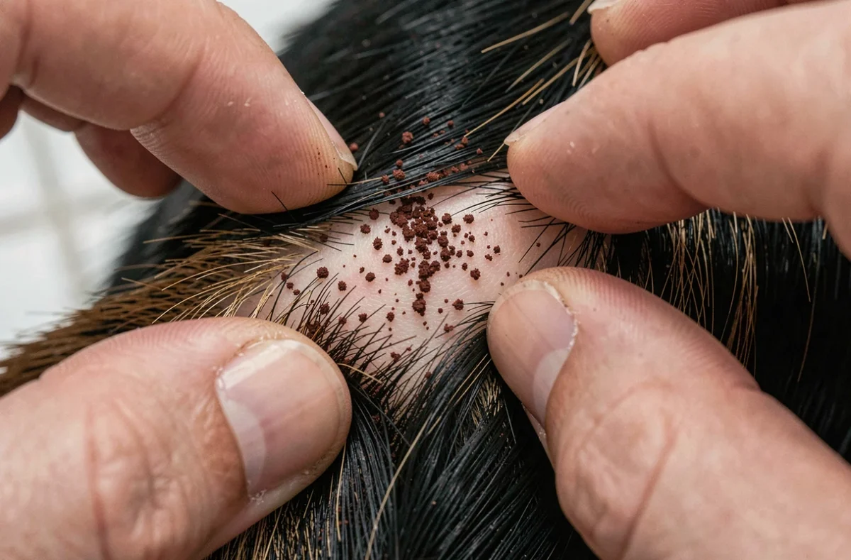 Gros plan sur des déjections de puces visibles dans le pelage sombre d'un chien