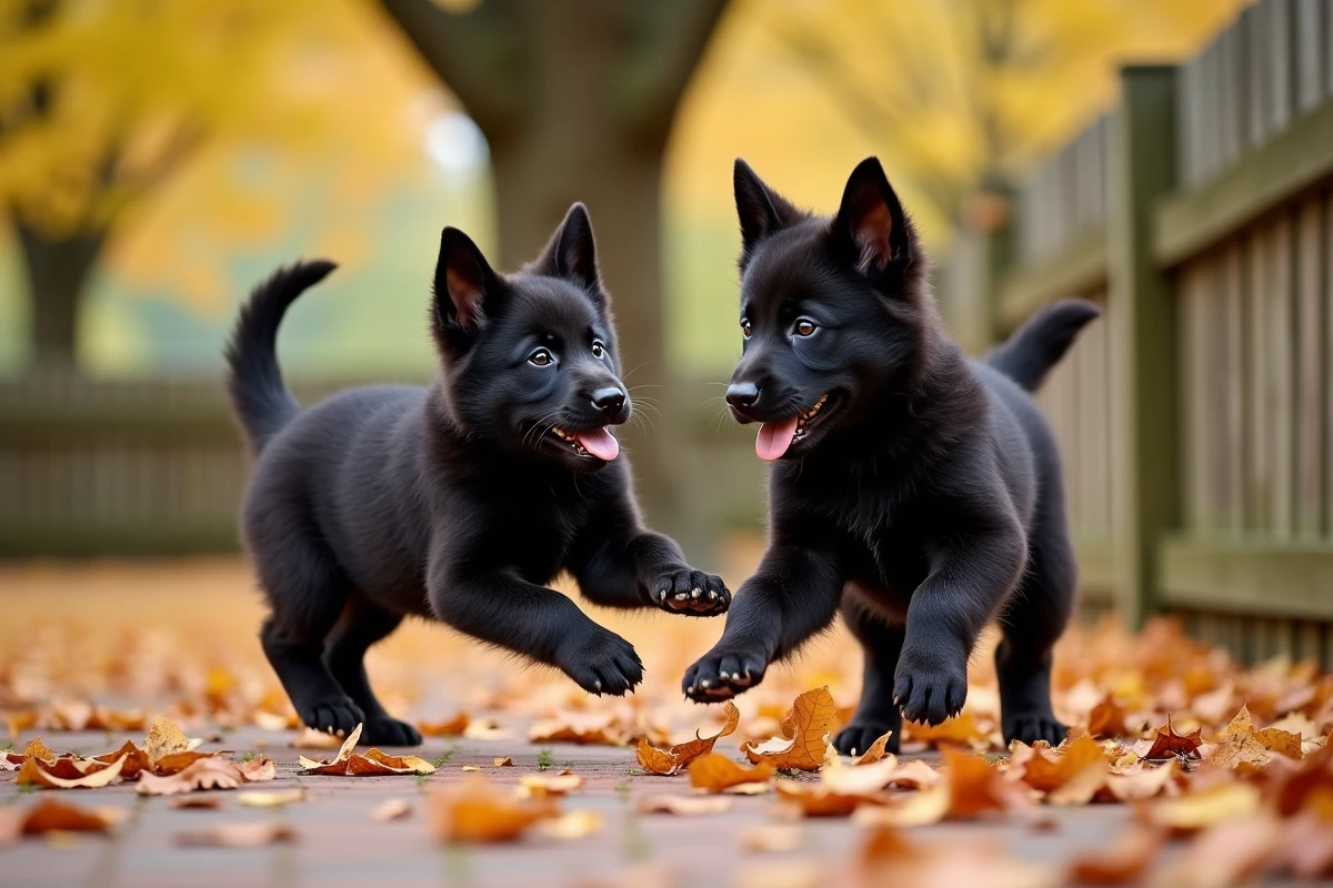 Deux chiots Berger Allemand noirs jouant dans les feuilles d'automne dans un jardin clôturé