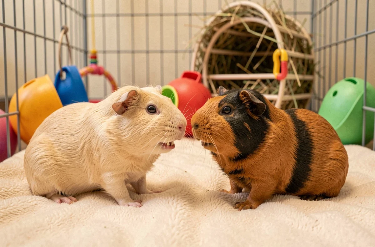 Deux cochons d'Inde interagissant et vocalisant ensemble dans une cage confortable