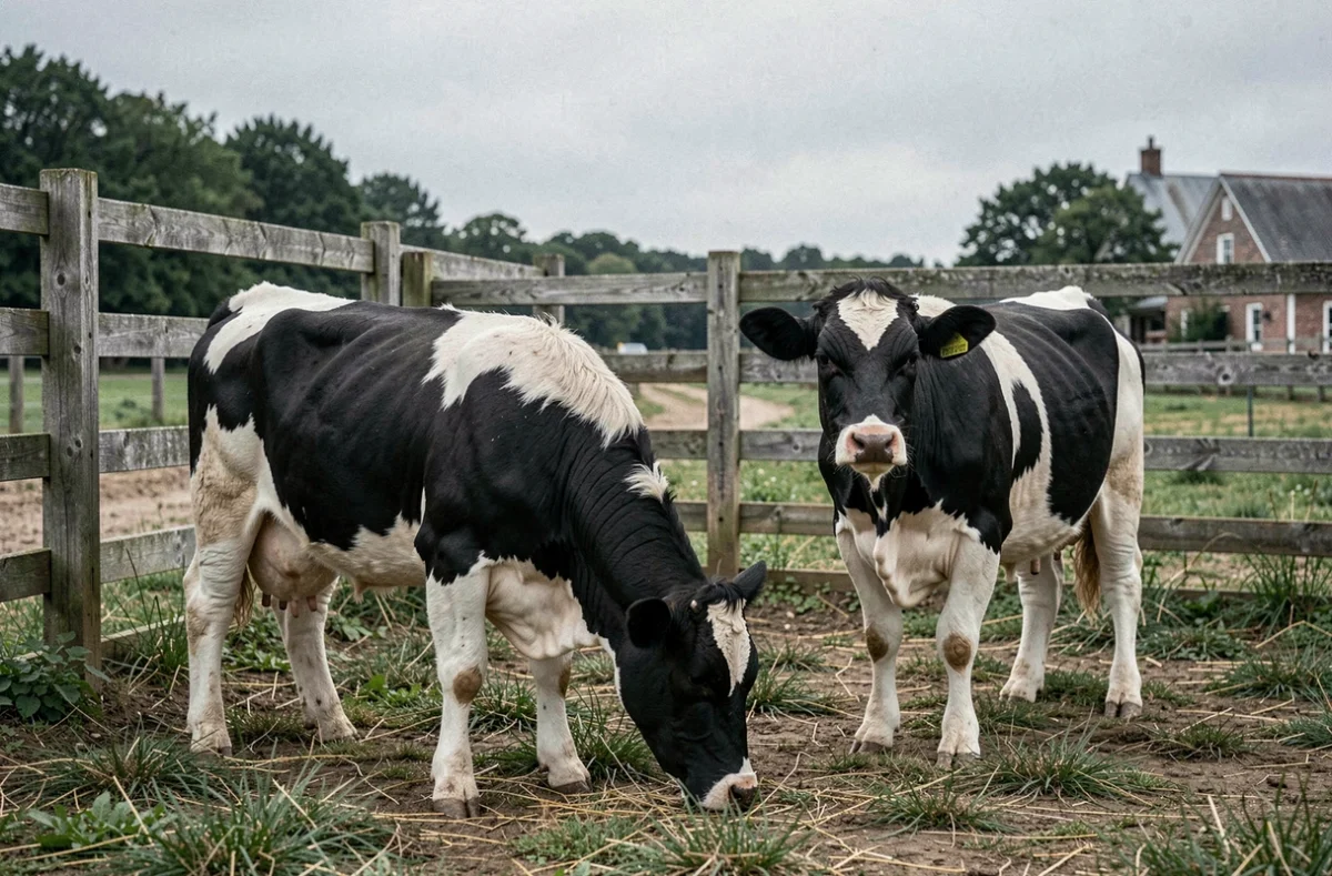 Deux vaches miniatures Belted Galloway dans un enclos de ferme avec une clôture en bois et paysage rural