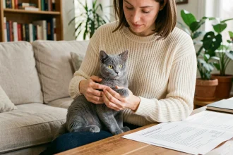 Femme tenant une chatte chaton British Shorthair bleue sur ses genoux en consultant des documents de pedigree, ambiance maison d'un particulier sérieux