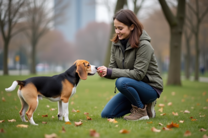 Jeune femme dresseuse avec un beagle dans un parc urbain