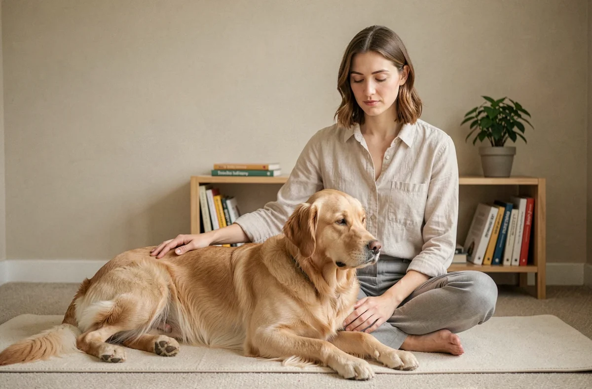 Séance d'éduc-thérapie canine dans un espace intérieur apaisant avec une éducatrice et un golden retriever