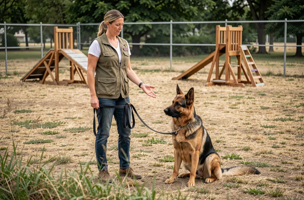 Éducatrice canine en séance de rééducation comportementale avec un berger allemand en laisse