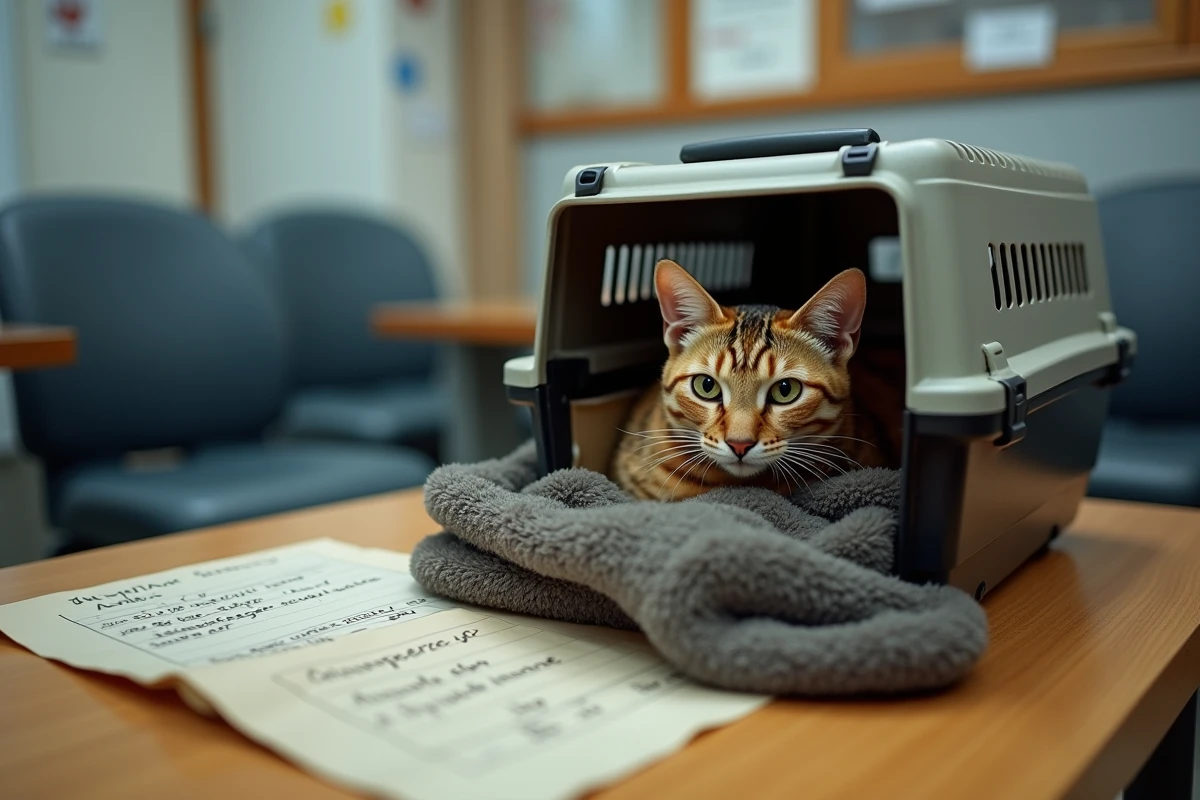 Chat égyptien Mau dans une caisse de transport à l'accueil d'un refuge animalier français prêt pour l'adoption