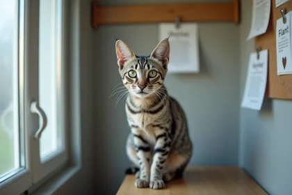 Chat égyptien Mau aux yeux verts assis dans un refuge animalier en France, attendant l'adoption