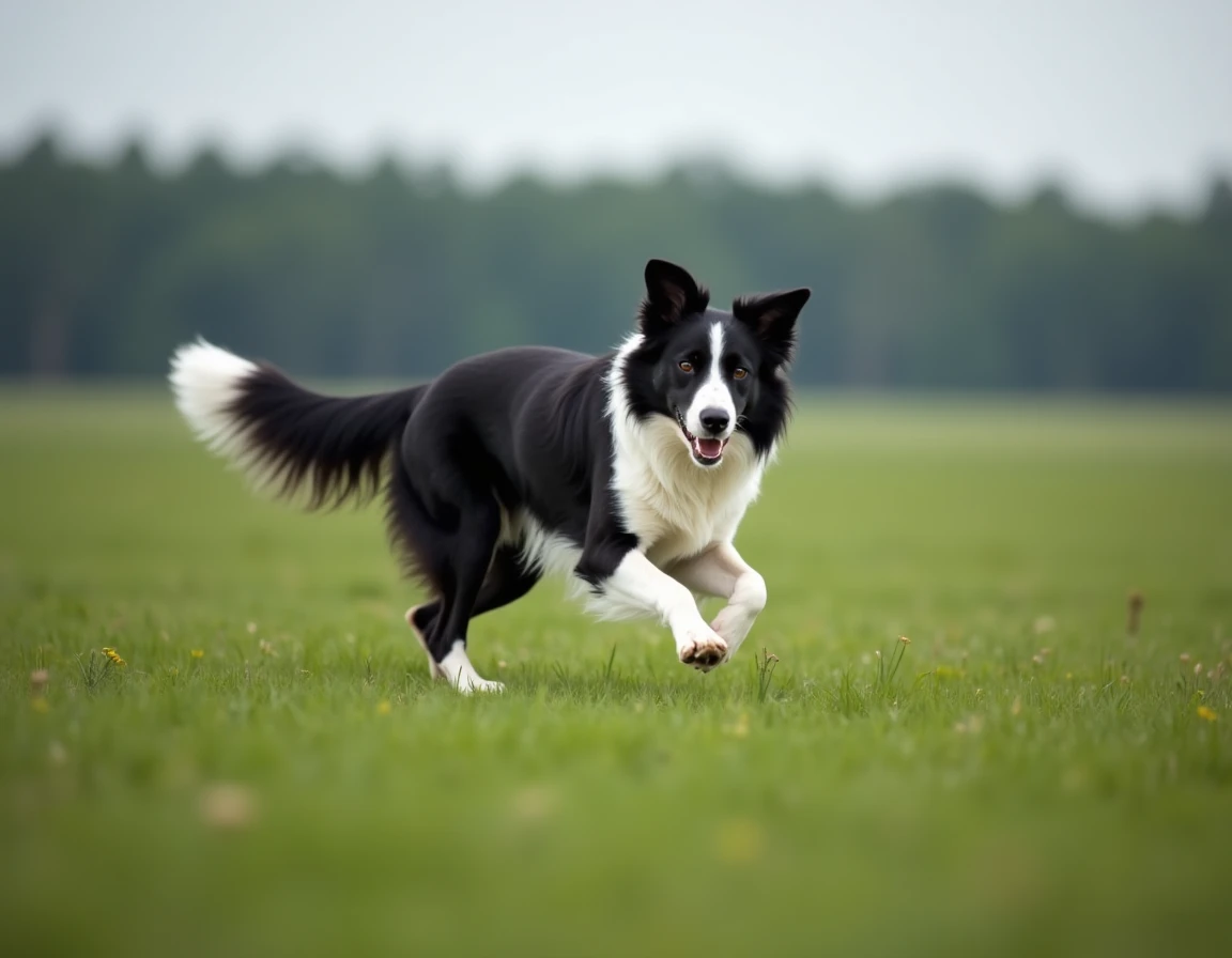 Un Border Collie noir et blanc en pleine course dans un vaste pré des Landes, regard concentré et corps en mouvement, avec la forêt de pins en arrière-plan.