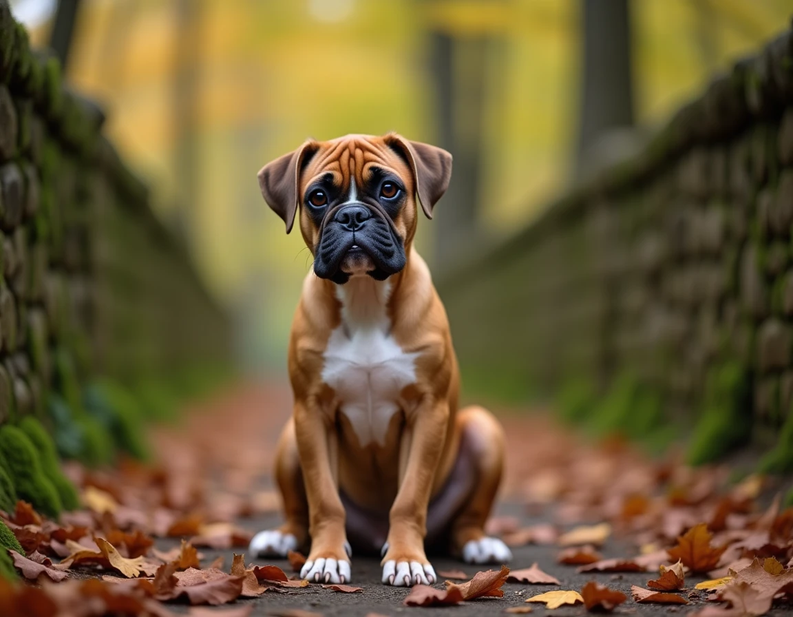 Un Boxer fauve et blanc au visage expressif et ridé assis devant un mur en pierre moussu dans une forêt de chênes de Dordogne, regard curieux et vif.