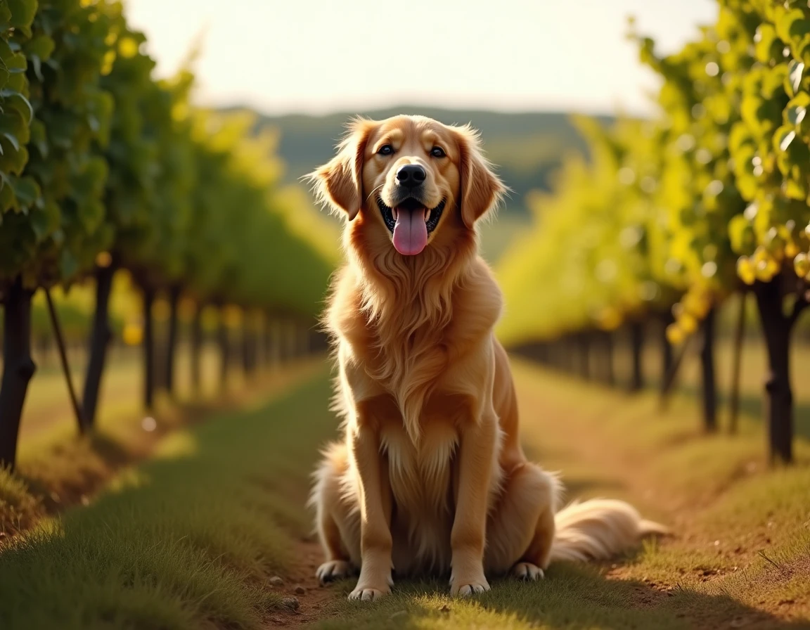 Un Golden Retriever au pelage doré assis joyeusement au milieu des rangées de vignes de la Gironde, la langue légèrement tirée et le regard expressif.