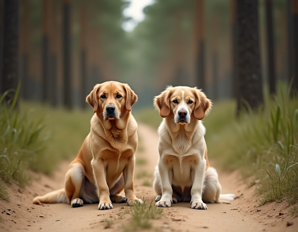 Un Labrador jaune et un Épagneul Breton assis ensemble sur un chemin forestier des Landes, entourés de pins maritimes, les deux chiens au regard calme et expressif.