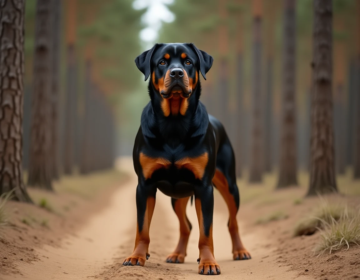 Un Rottweiler adulte au pelage noir et feu, musclé et alerte, photographié sur un chemin forestier landais entouré de pins maritimes.