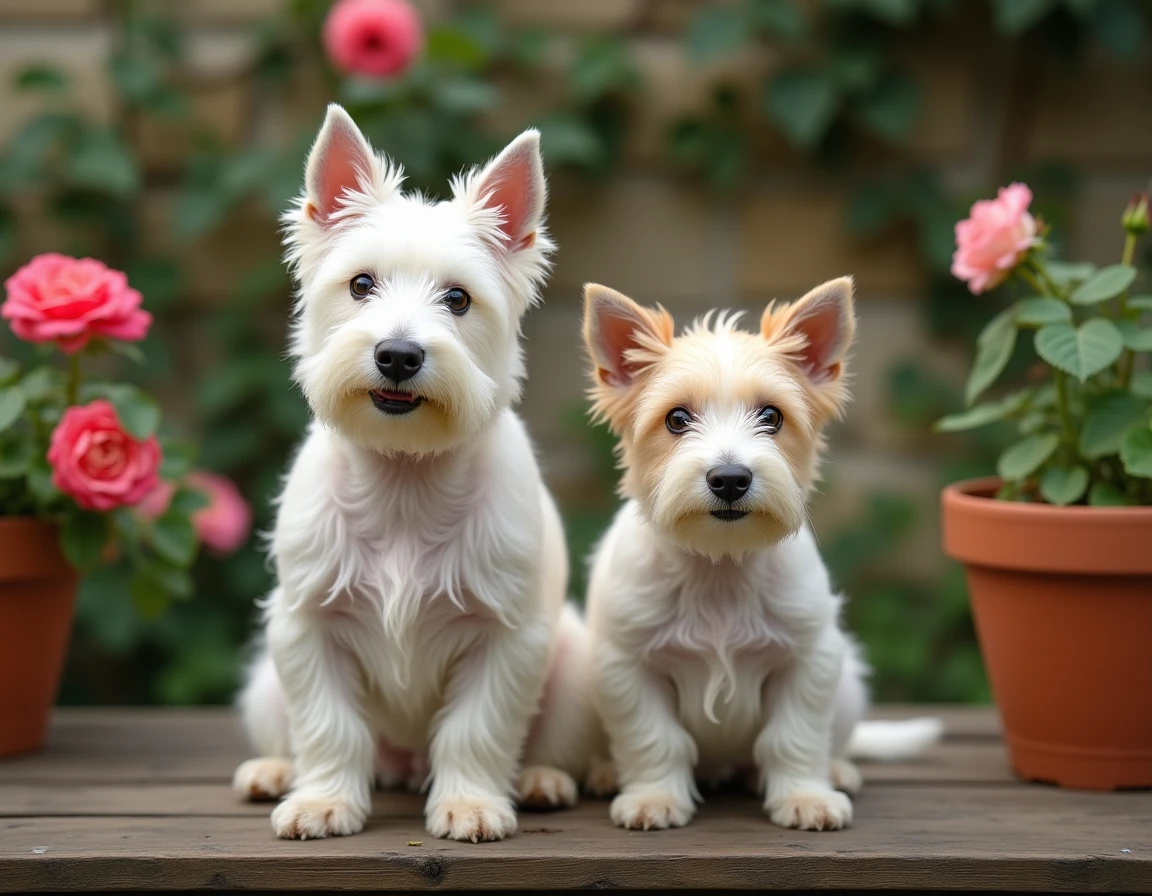 Un West Highland White Terrier et un Fox Terrier assis côte à côte sur un banc en bois dans un jardin fleuri de Parempuyre en Gironde, tous deux regardant l'objectif avec curiosité.