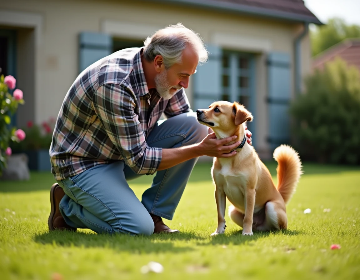 Un éleveur français d'âge moyen en chemise à carreaux agenouillé dans un jardin ensoleillé de Poitiers, caressant affectueusement un petit chien de compagnie qui remue la queue.