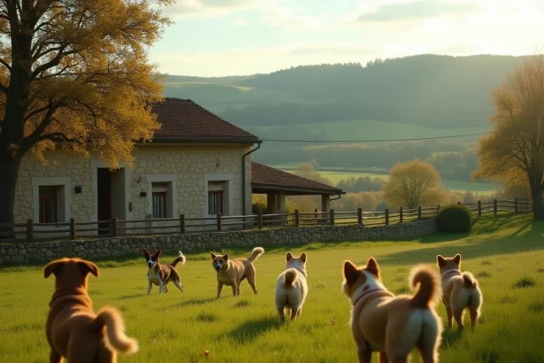 Paysage rural de Nouvelle-Aquitaine avec plusieurs chiens de races différentes jouant dans un pré devant une ferme en pierre, illustrant le thème des meilleurs éleveurs de chiots de la région.