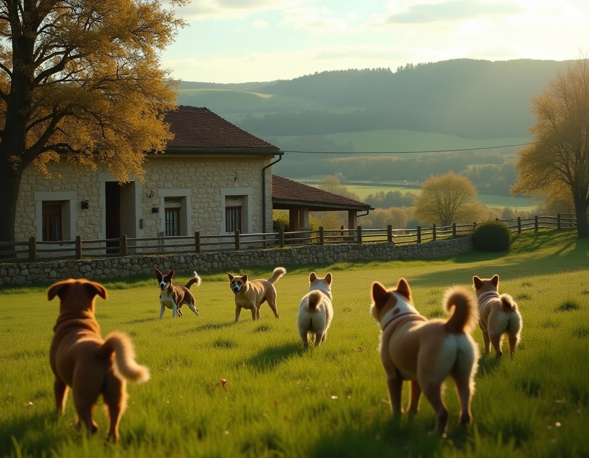 Paysage rural de Nouvelle-Aquitaine avec plusieurs chiens de races différentes jouant dans un pré devant une ferme en pierre, illustrant le thème des meilleurs éleveurs de chiots de la région.