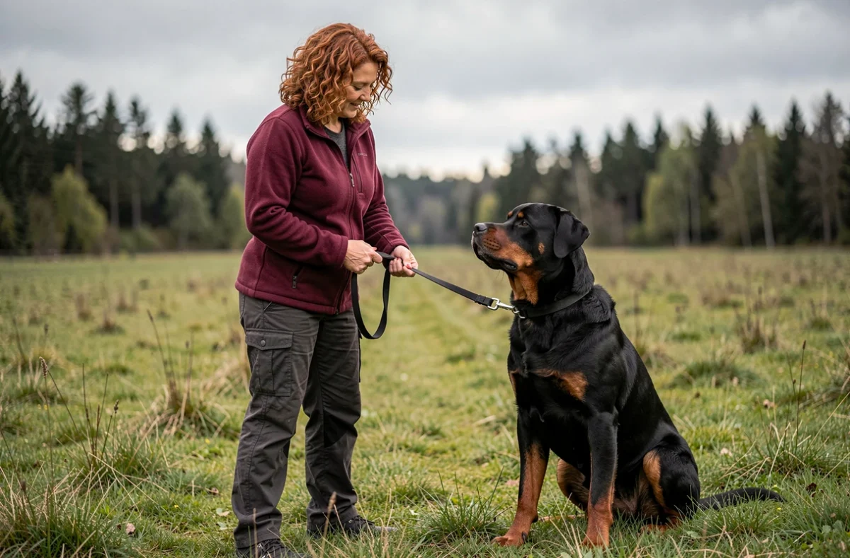 Elyse, éducatrice canine spécialiste des chiens difficiles, avec un rottweiler calme