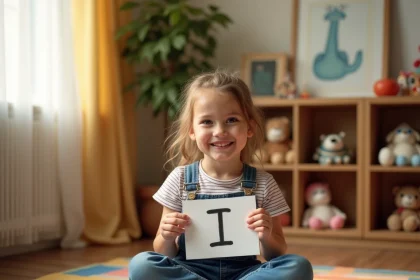Petite fille souriante jouant avec des cartes illustrées d'animaux en I pour apprendre le petit bac