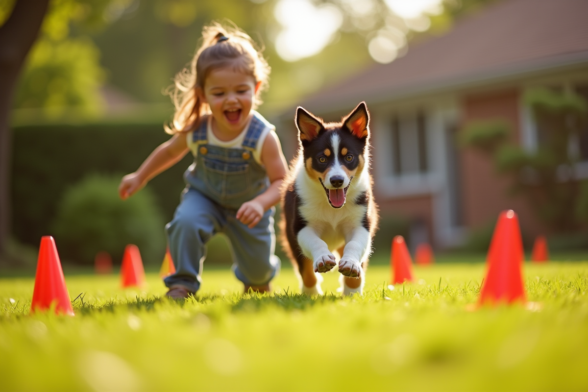 Enfant et chiot border collie pratiquant l agility dans le jardin