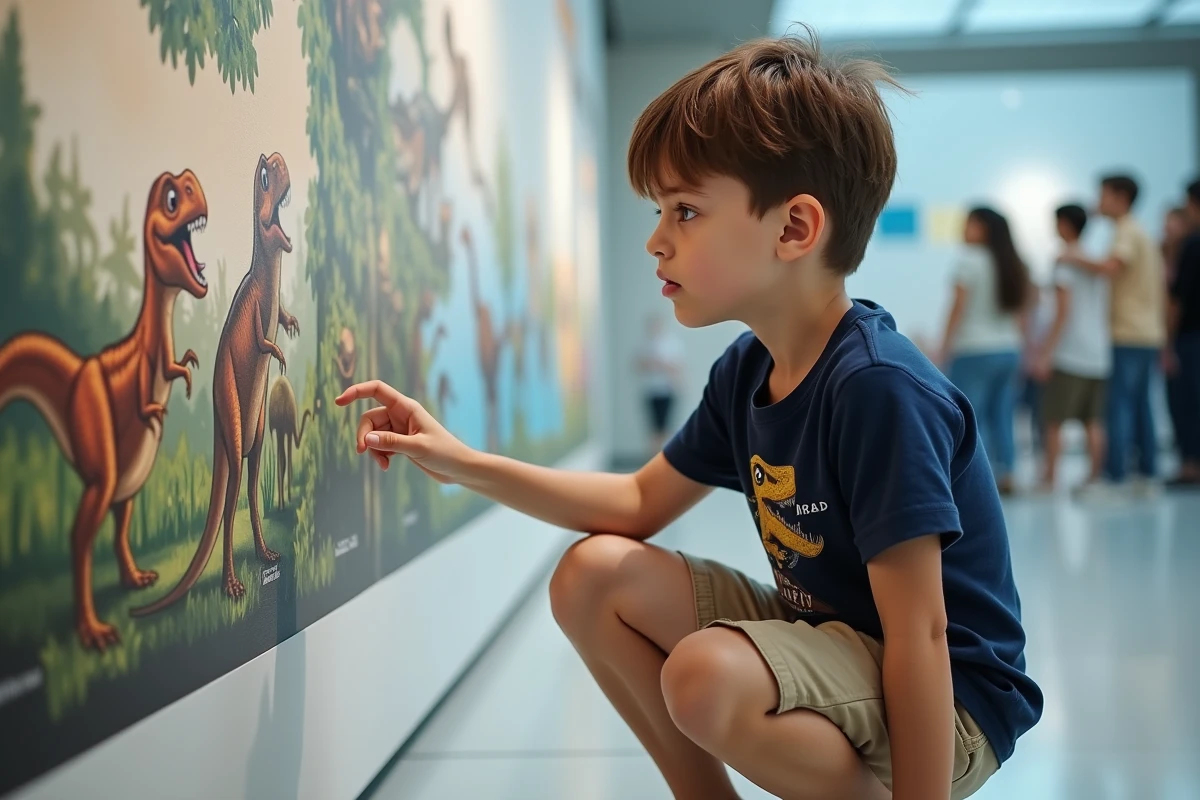 Enfant lisant un panneau éducatif sur les dinosaures carnivores dans un musée scientifique