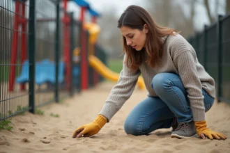 Femme inquiète pointant une déjection dans l'aire de jeux