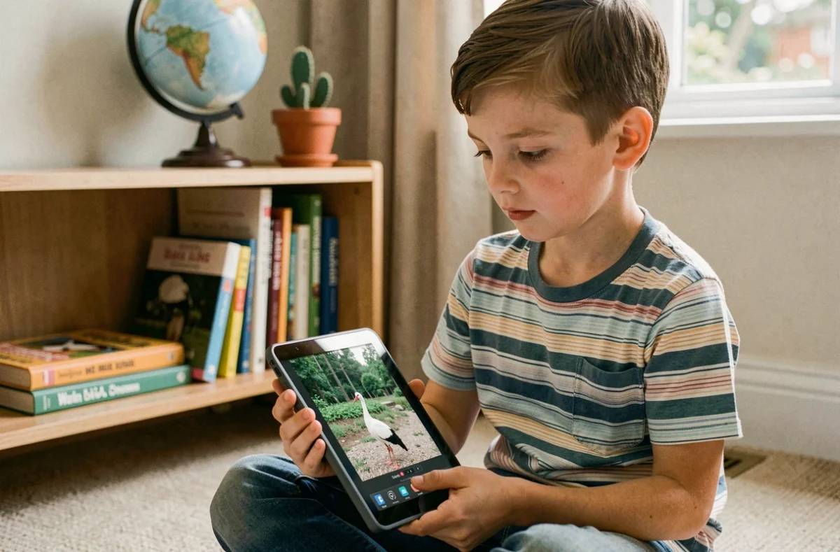 Enfant fasciné regardant une caméra en direct de cigognes sur une tablette dans sa chambre