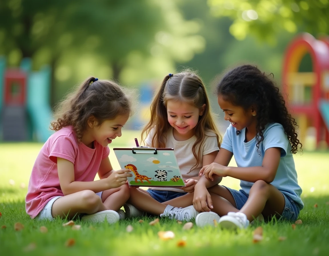 Groupe d'enfants jouant au petit bac avec une liste d'animaux en I dans un parc ensoleillé