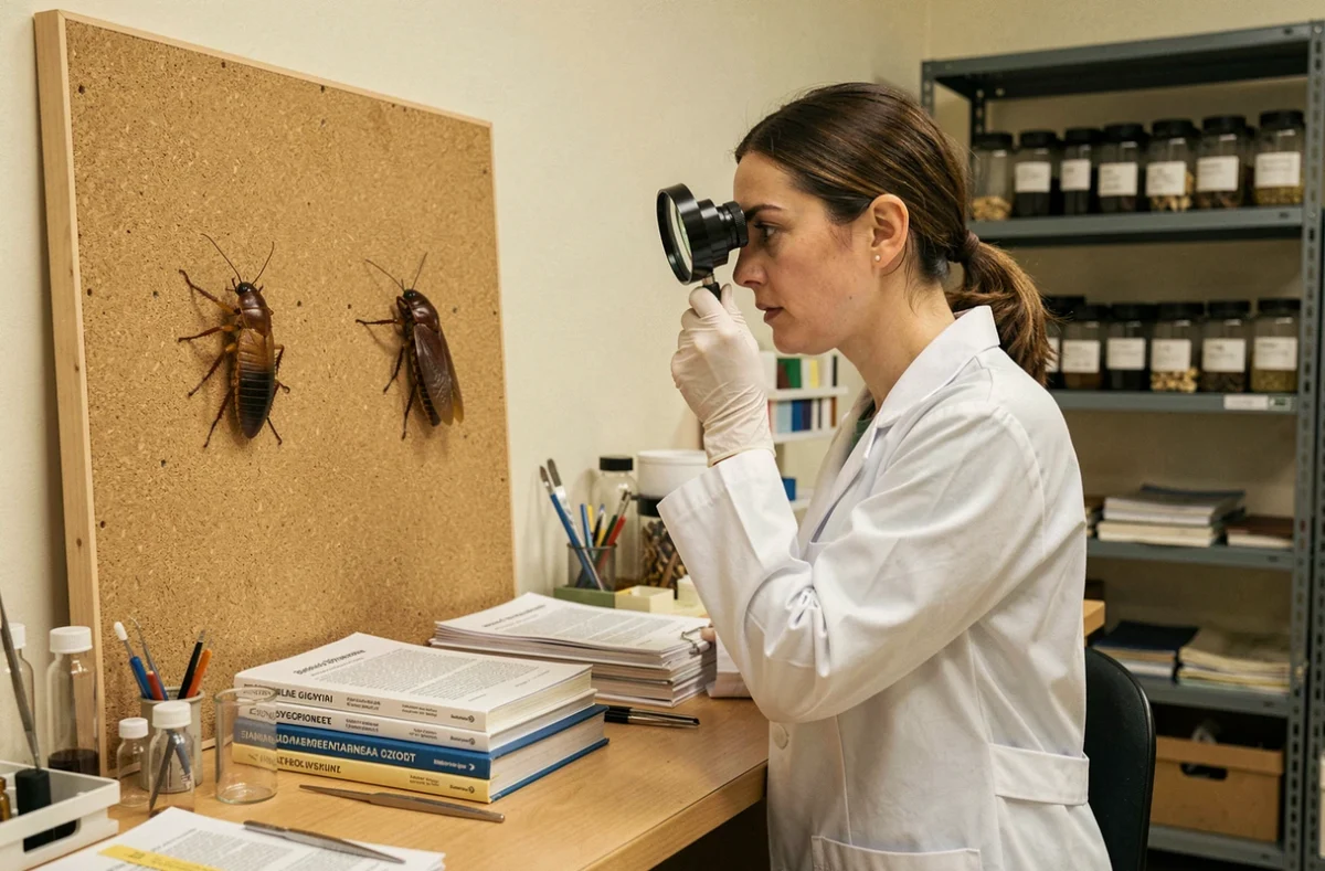 Entomologiste professionnelle comparant un ophone et une blatte de cuisine dans un laboratoire