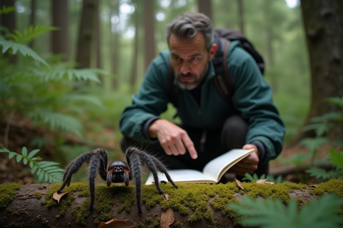 Entomologiste observant une araignee dans la forêt dense