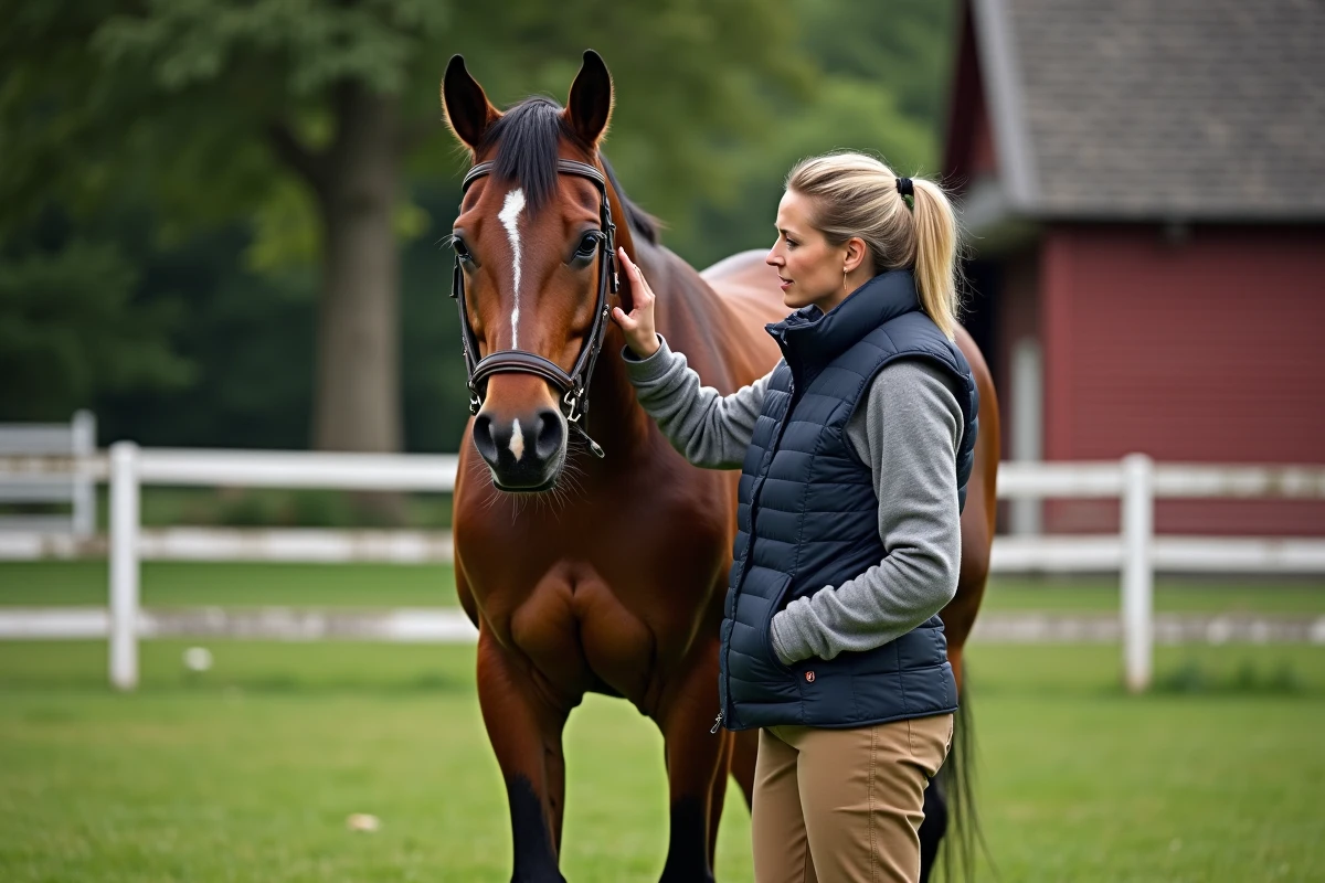 Entraîneuse équestre avec un cheval bai dans un paddock de haras, portrait éditorial réaliste