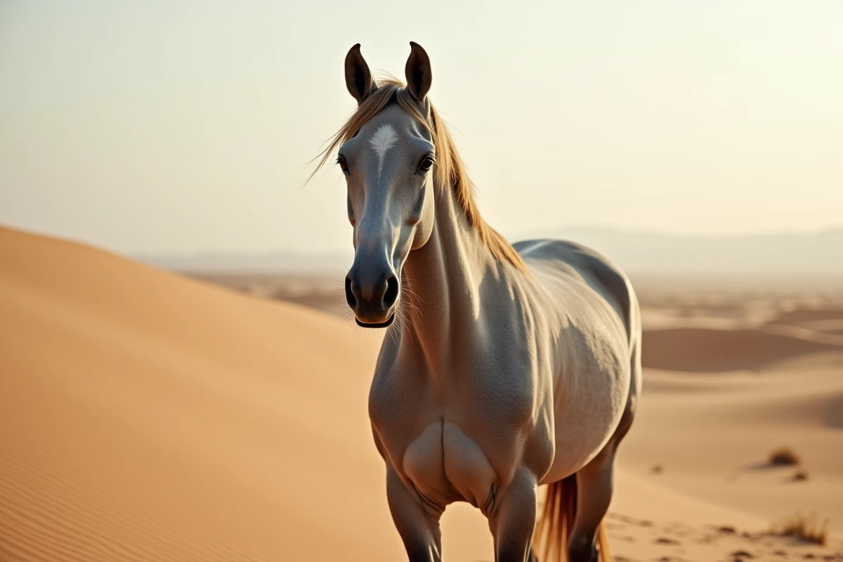 Étalon arabe gris en liberté dans un paysage désertique, symbole de la race chevaline la plus ancienne