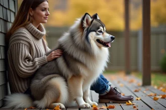 Eurasier adulte au pelage gris loup assis sur une terrasse en bois aux côtés de sa propriétaire en pull tricoté, dans un jardin en automne
