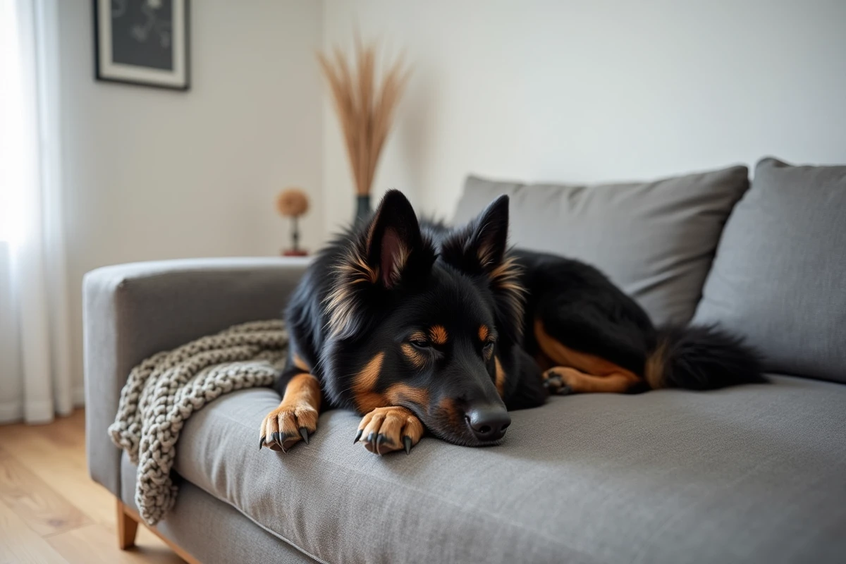 Eurasier noir et feu allongé sur un canapé en lin gris dans un salon moderne au style scandinave