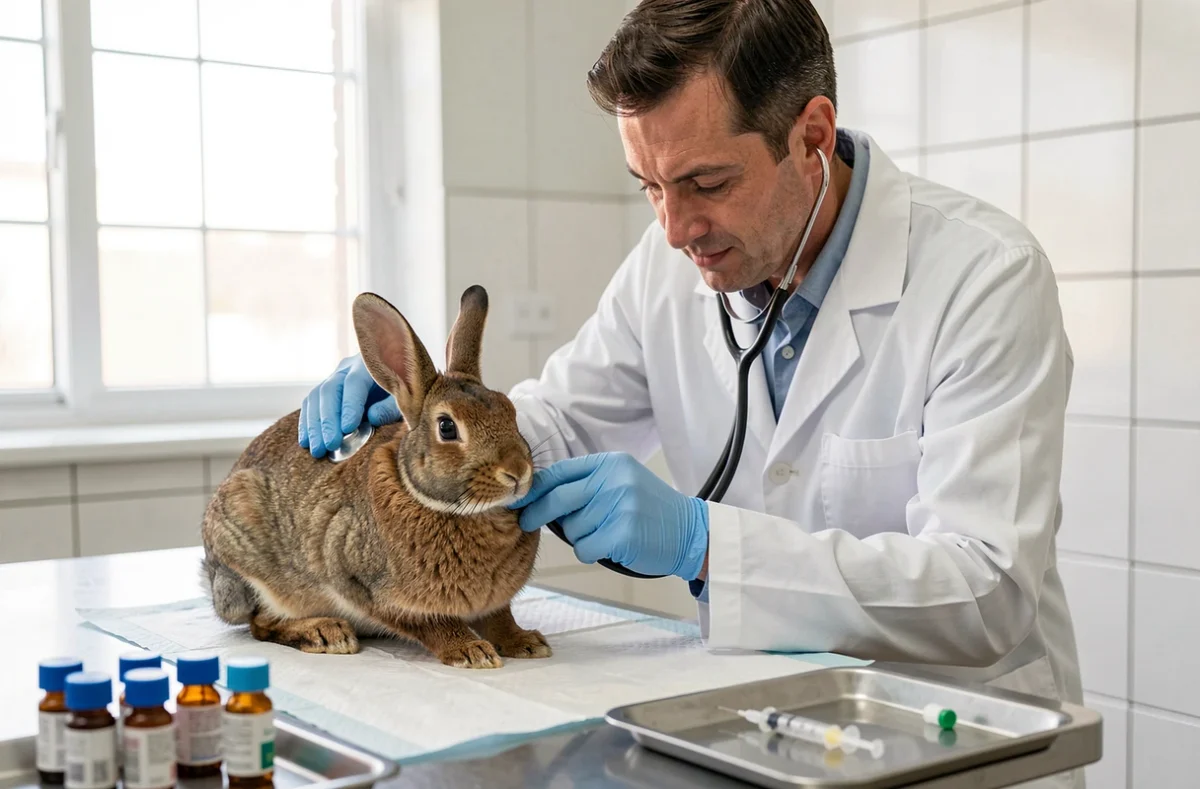Vétérinaire examinant un lapin rex brun avant la vaccination avec des flacons de vaccin visibles sur la table