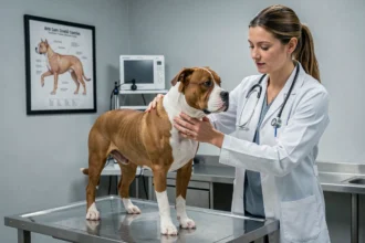 Vétérinaire examinant la croissance et la morphologie d'un Staffordshire Bull Terrier adulte en cabinet vétérinaire