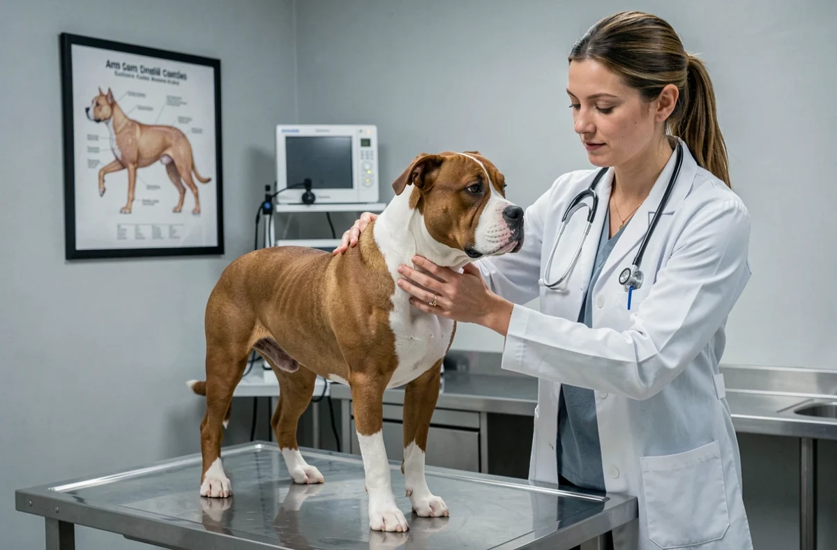 Vétérinaire examinant la croissance et la morphologie d'un Staffordshire Bull Terrier adulte en cabinet vétérinaire