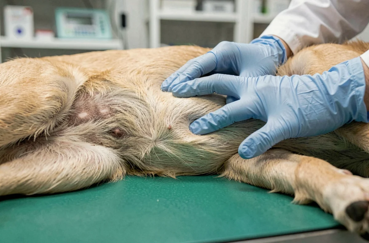 Vétérinaire examinant le ventre d'un chien sur une table de consultation pour diagnostiquer une infestation de vers intestinaux