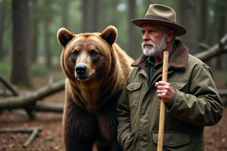 Expert en faune avec modèle d'ours dans la forêt