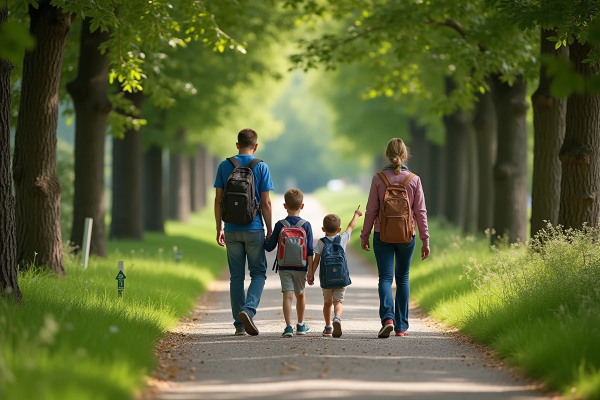 Famille en promenade sur le chemin pédestre menant au zoo d'Annecy depuis le bord du lac