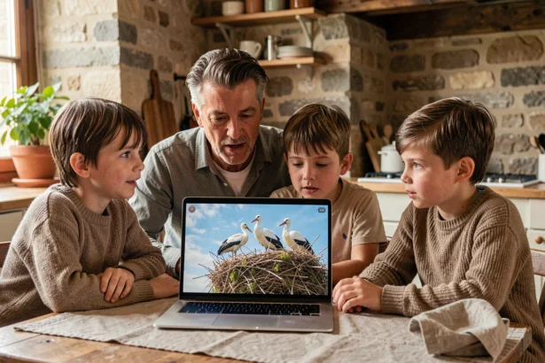Famille regardant un livestream de cigognes sur ordinateur portable dans une cuisine rustique française