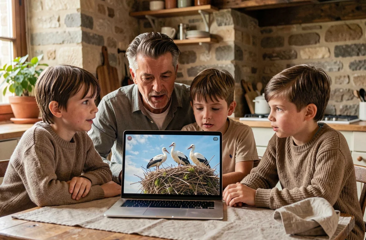 Famille regardant un livestream de cigognes sur ordinateur portable dans une cuisine rustique française