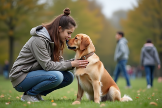 Jeune femme caressant un golden retriever dans un parc