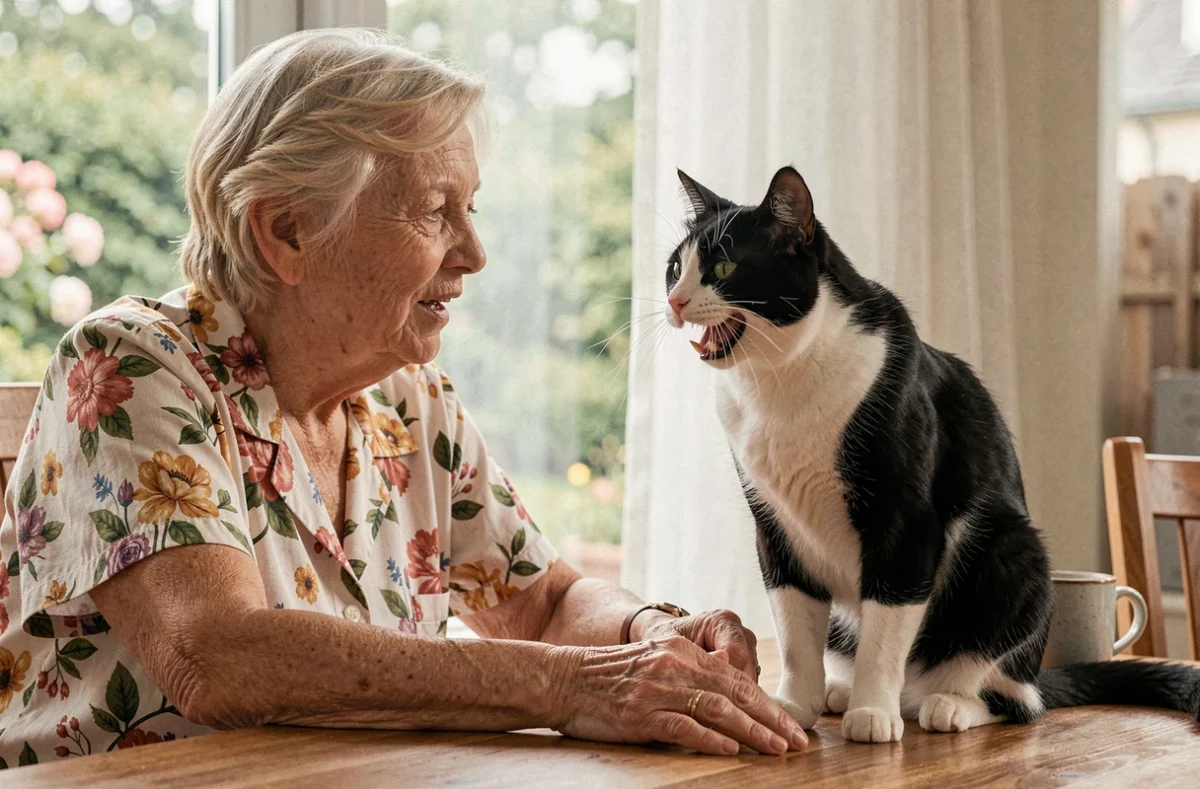 Femme âgée discutant avec son chat en noir et blanc qui miaule près d'une fenêtre