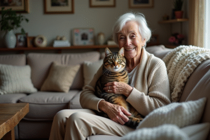 Femme âgée souriante avec son chat dans le salon