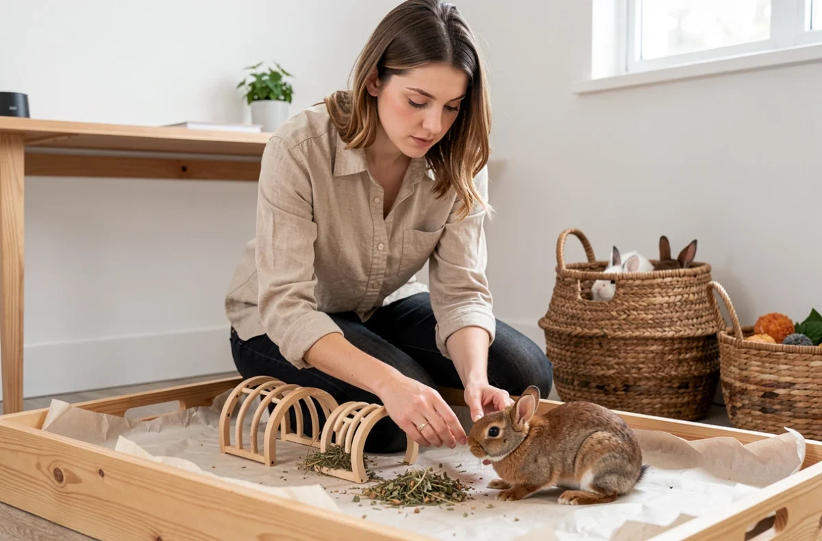 Femme aménageant un enclos pour lapin nain avec tunnel, herbes séchées et litière en papier dans un espace de vie domestique