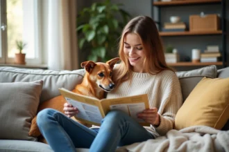 Femme souriante avec chien et chat dans un salon chaleureux