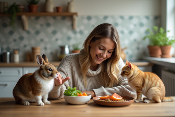 Femme âgée offrant légumes et poisson à ses animaux