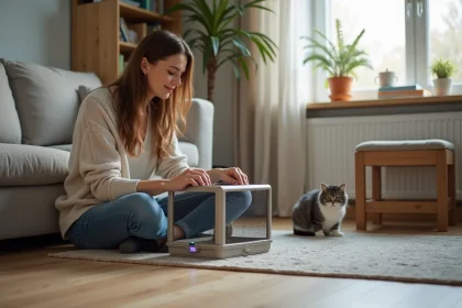 Femme en jeans assemble une trappe à chat dans le salon