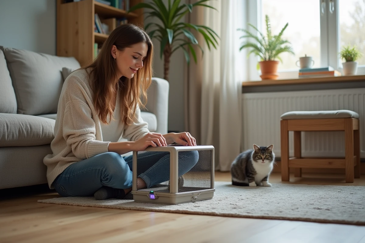 Femme en jeans assemble une trappe à chat dans le salon