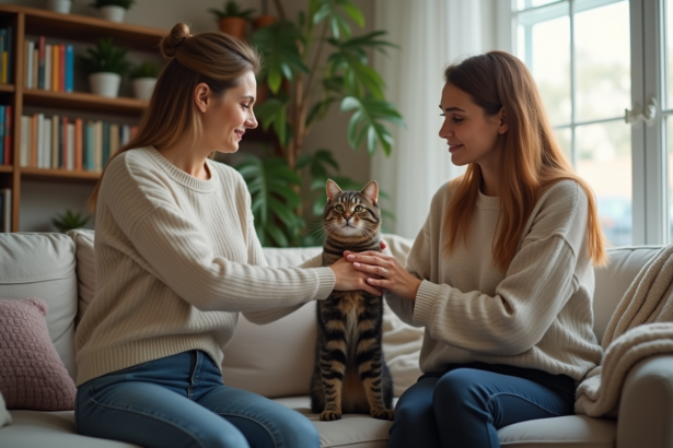 Femme donnant son chat à un couple dans un salon chaleureux