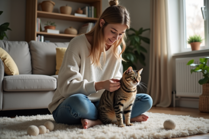 Jeune femme caressant son chat dans un salon cosy